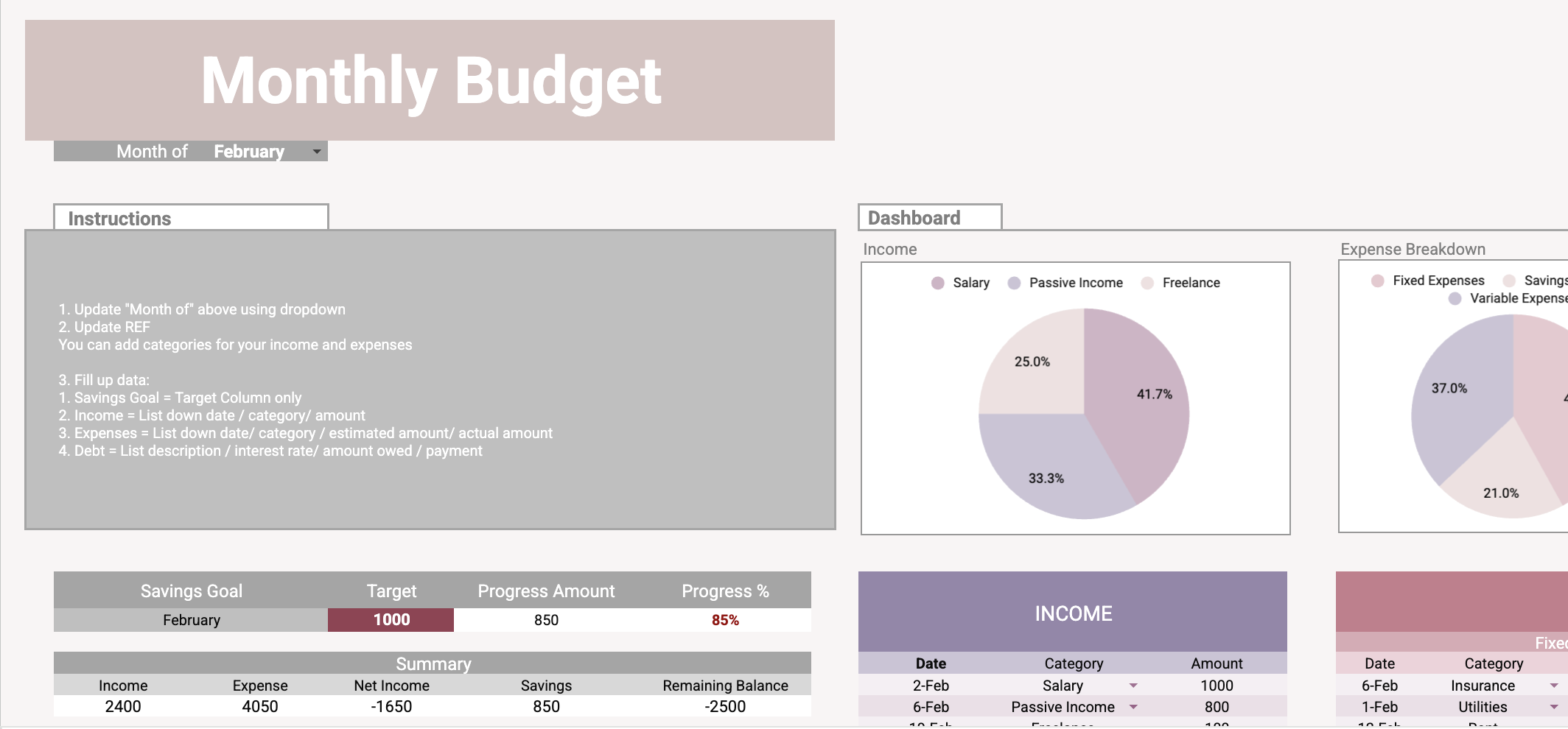 Monthly Budget Template for Excel and Google Sheets