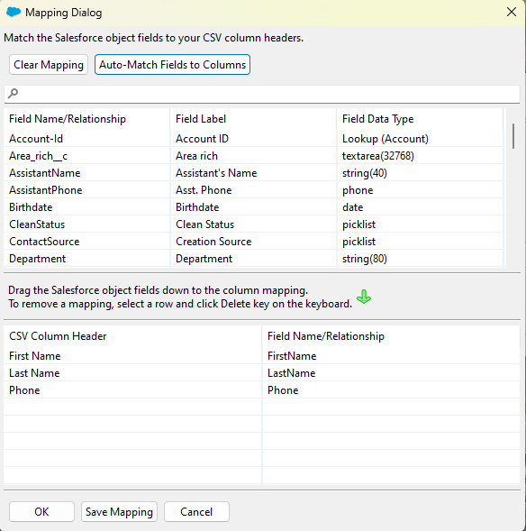 Field mappings in data loader