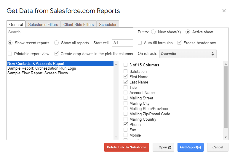 Select Report and fields you want to retrieve using G-Connector