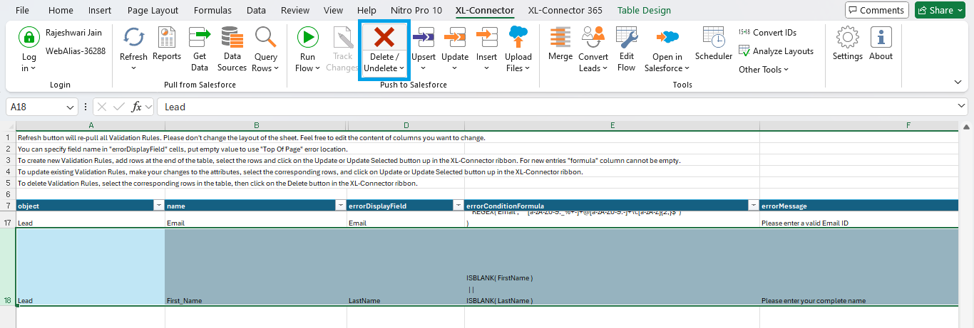 Delete Validation Rules using XL-Connector  to manage Salesforce Validation rules