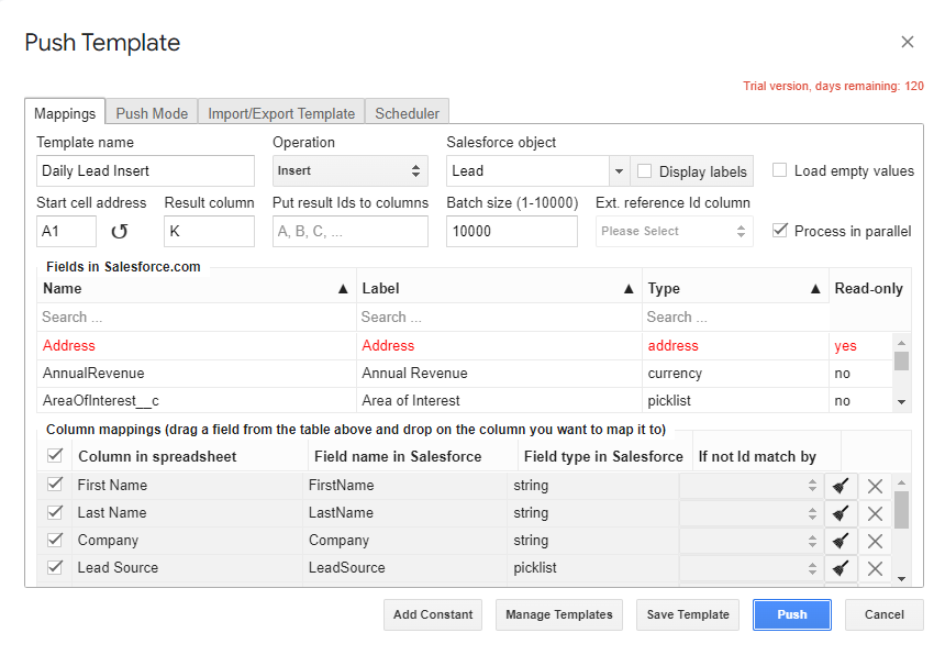 Mapping for Push Template