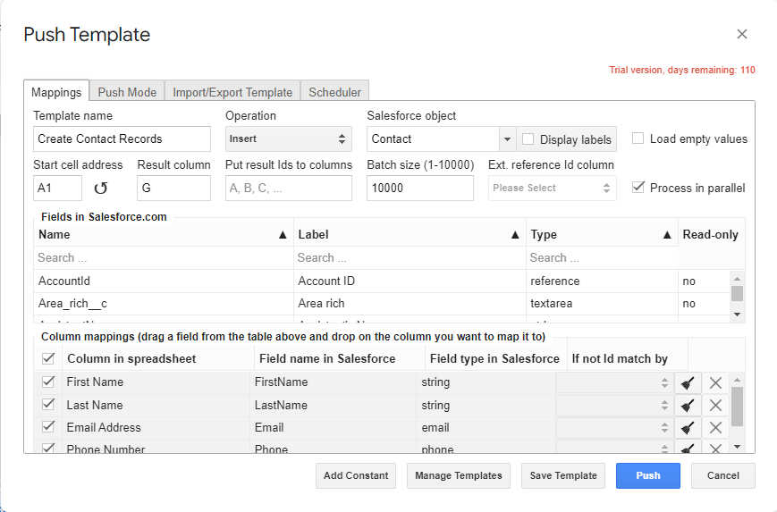 Configure Push Template in G-Connector