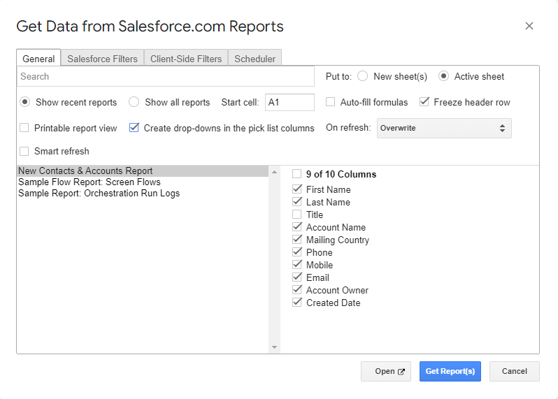 Fetch Salesforce reports with G-Connector