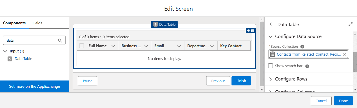 Configure data table in Screen flow