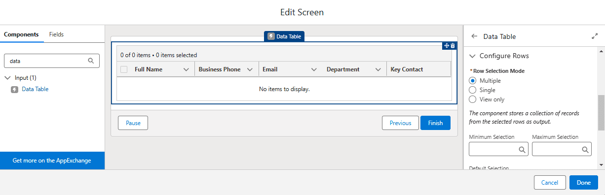 Configure data table rows in Screen flow