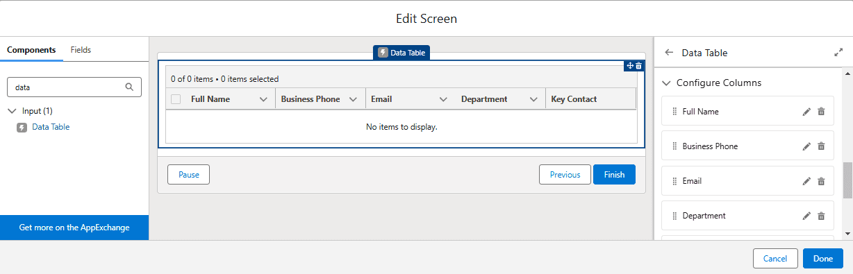 Configure data table columns in Screen flow