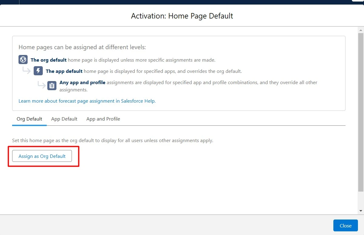 Activate page and assign as Org Default