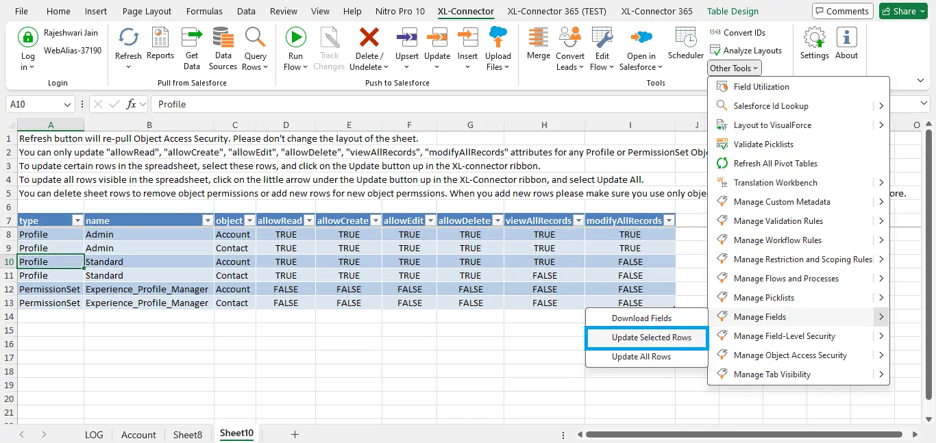 Salesforce mass update permissions using XL-Connector