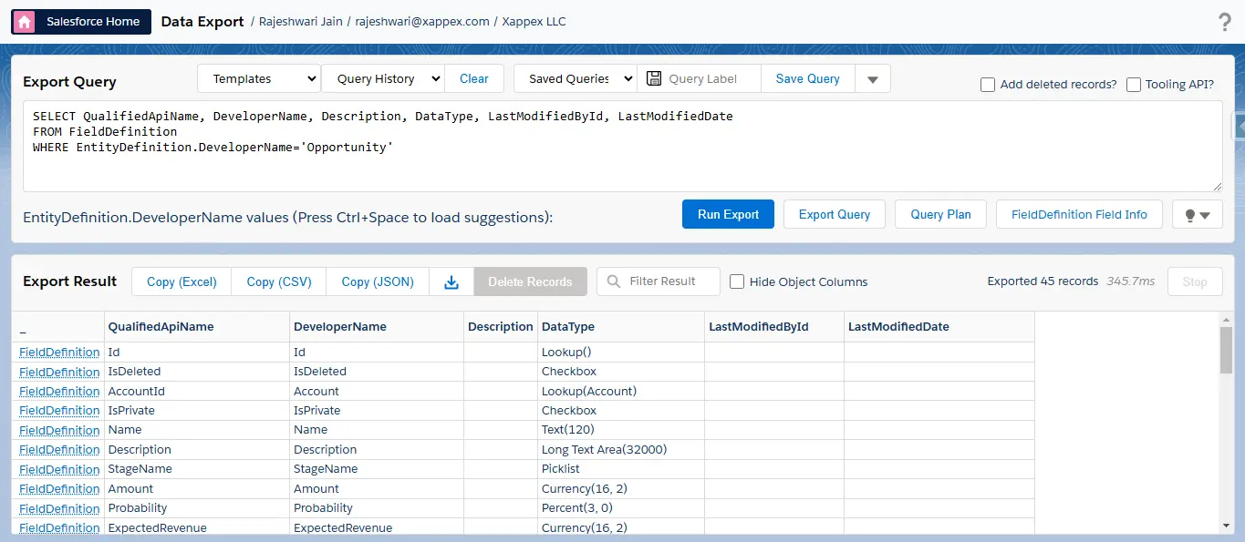 Export Fields Per Object in Salesforce using Salesforce Inspector Reloaded