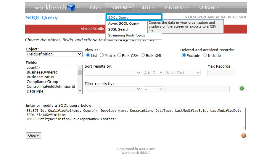 Export Fields Per Object in Salesforce using Workbench