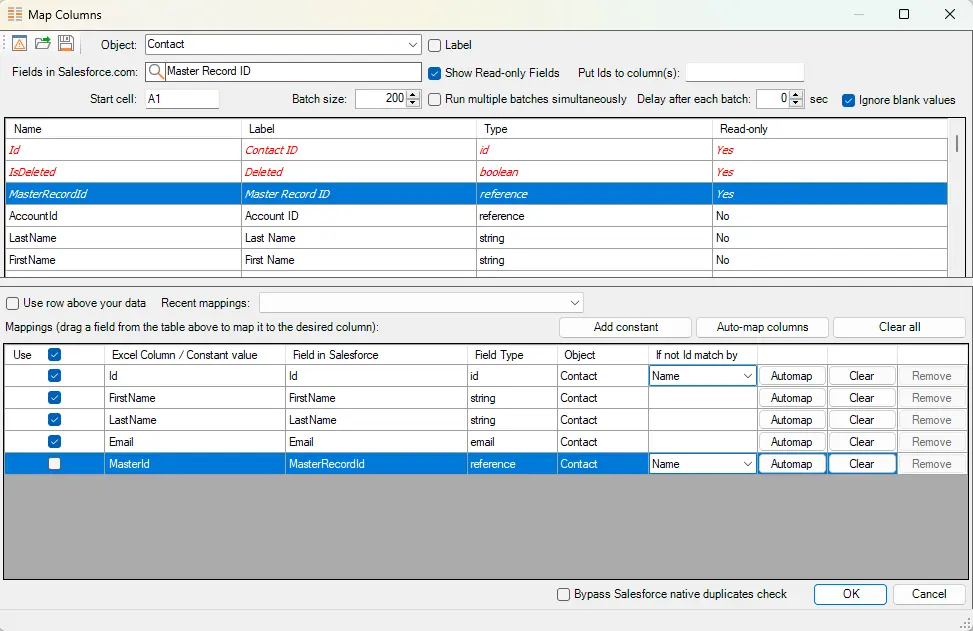 Map columns with fields for merge operation