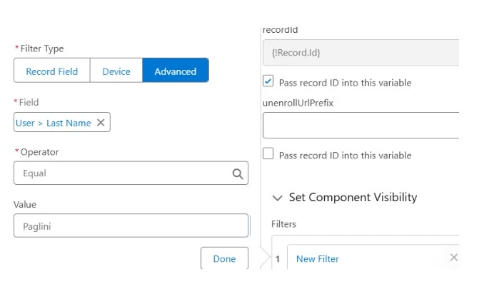 Salesforce conditional filter on edit screen setup component visibility filters.