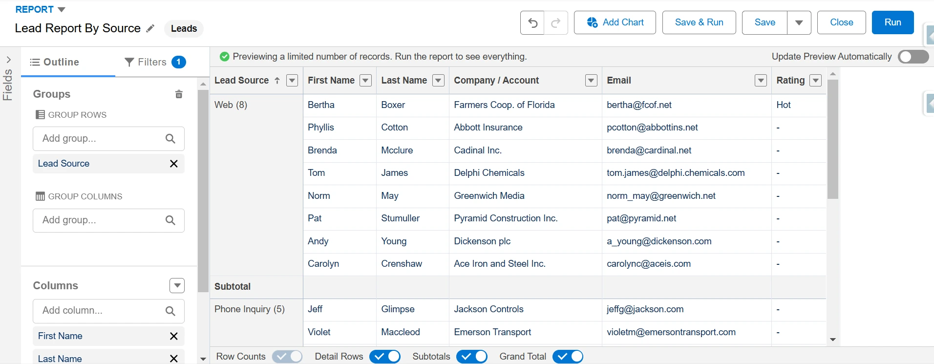 Group Rows by Lead Source in Salesforce Report