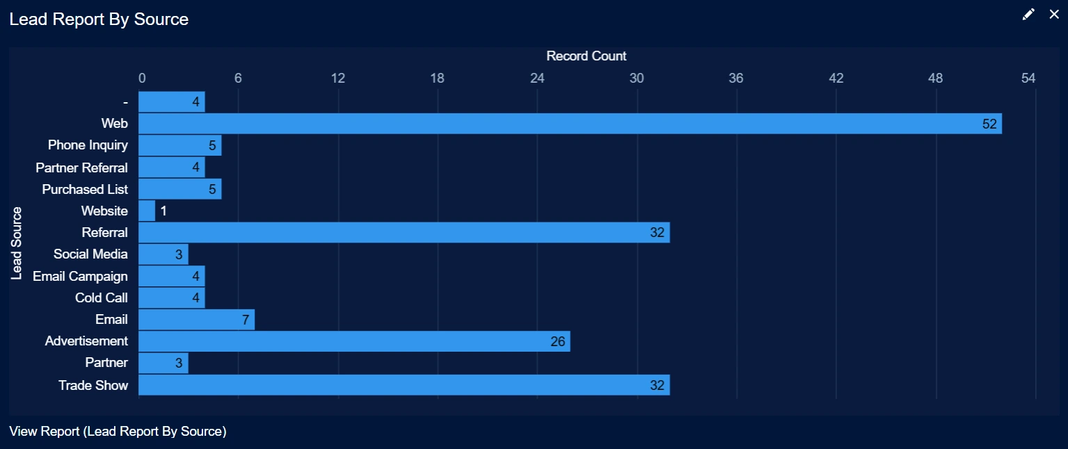 Salesforce Dashboard showing Leads by Lead Source